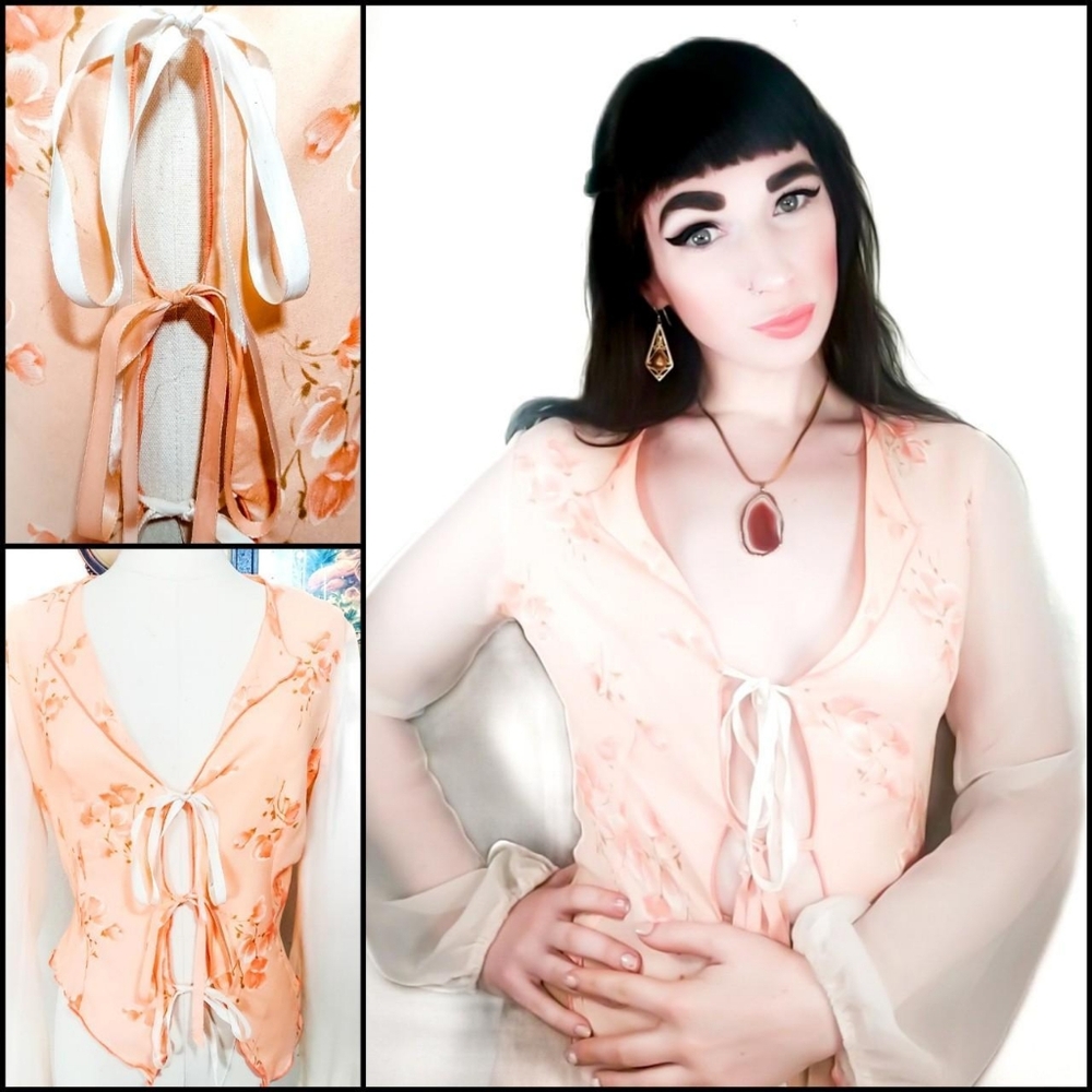 Vintage 1970s Lace Up Tie Front Sheer Flowy Coral Asymmetrical Fairy Blouse